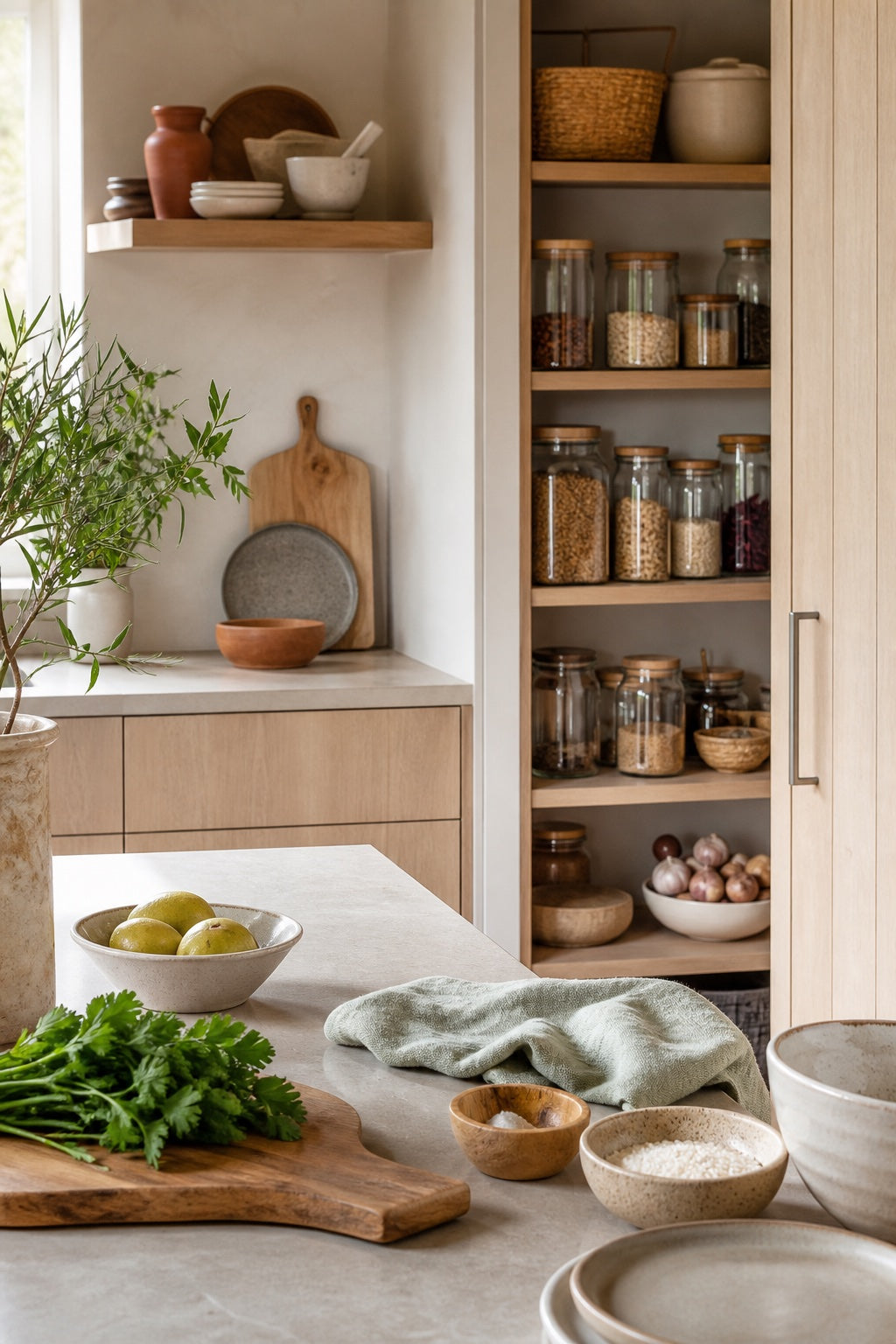 Organized kitchen and pantry in natural light