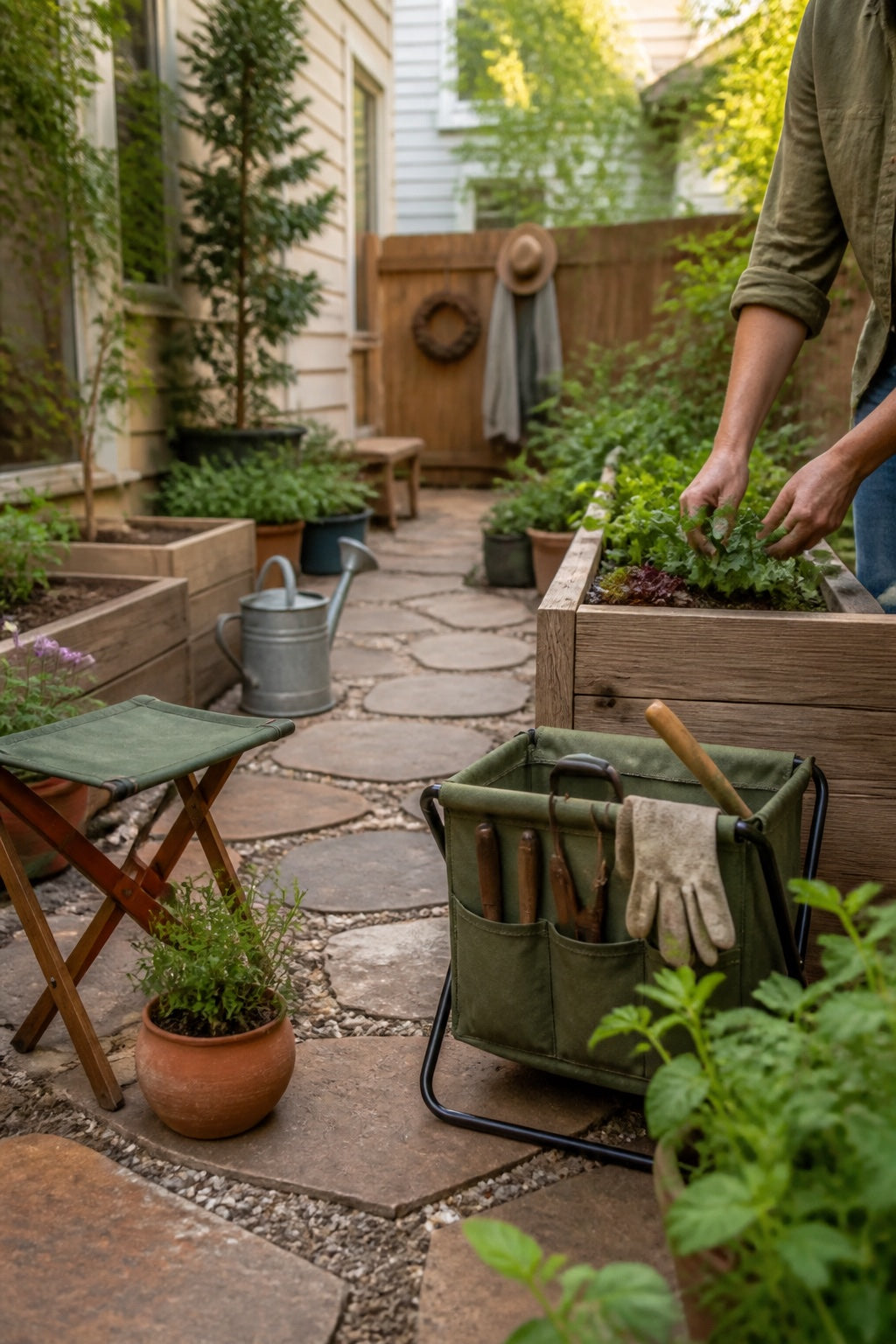 Useful garden tools in a welcoming backyard