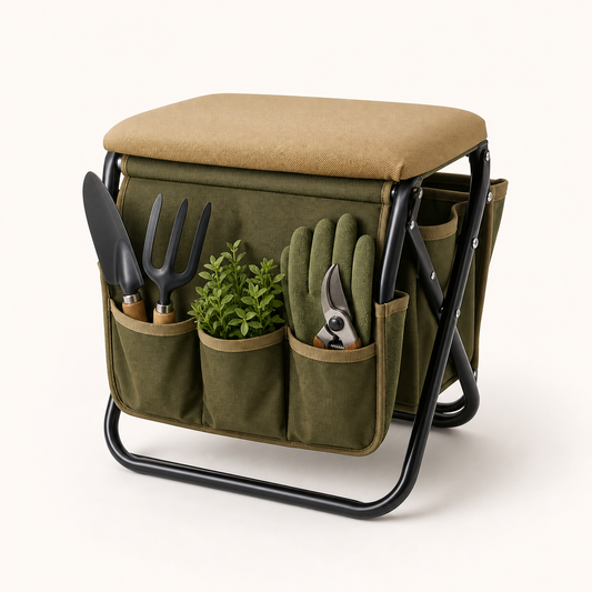 Foldable Garden Seat Caddy with tool pockets and padded seat