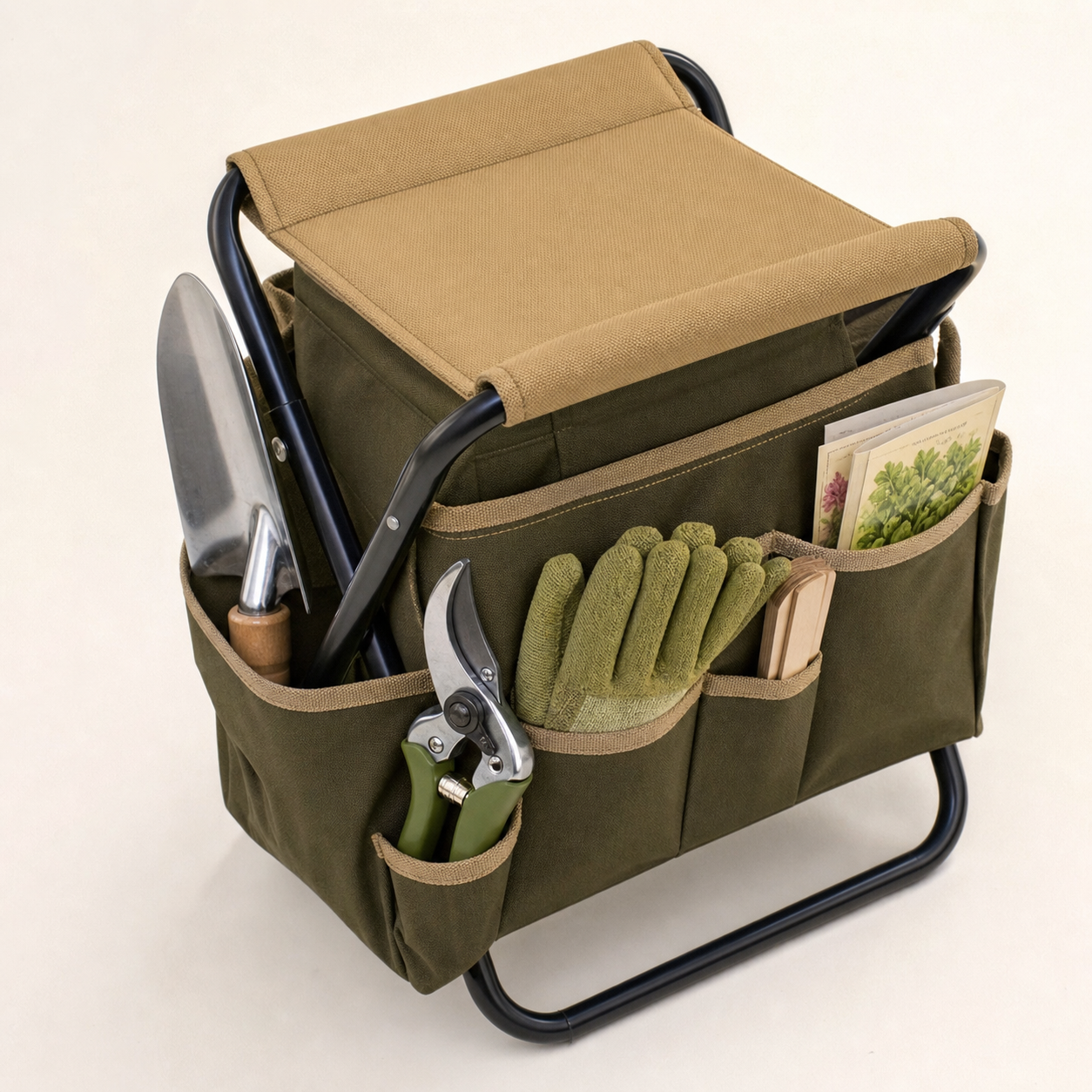 Foldable Garden Seat Caddy side pockets holding gardening tools