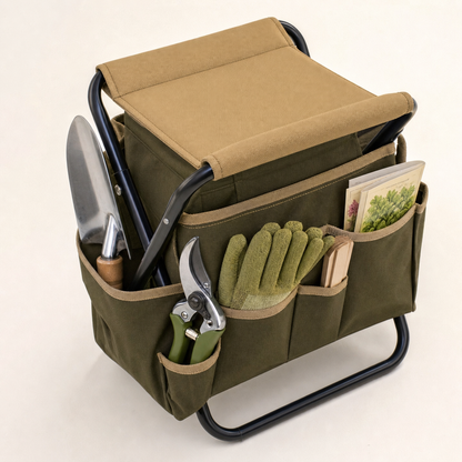 Foldable Garden Seat Caddy side pockets holding gardening tools