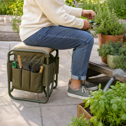Gardener using a foldable garden seat caddy beside raised planters