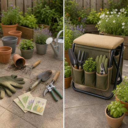 Before and after garden tool organization with foldable seat caddy