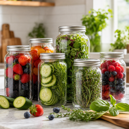 Fresh produce preserved in sealed mason jars