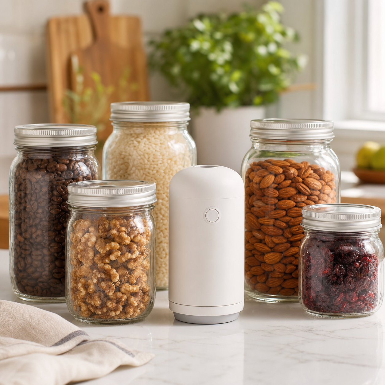 Mason Genie vacuum sealer with sealed mason jars in a kitchen