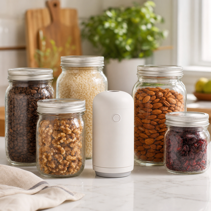 Mason Genie vacuum sealer with sealed mason jars in a kitchen