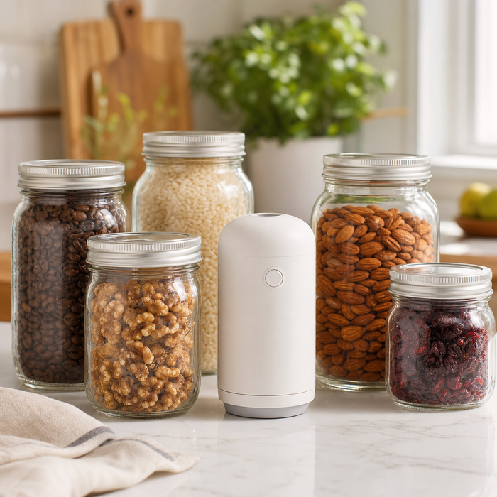 Mason Genie vacuum sealer with sealed mason jars in a kitchen