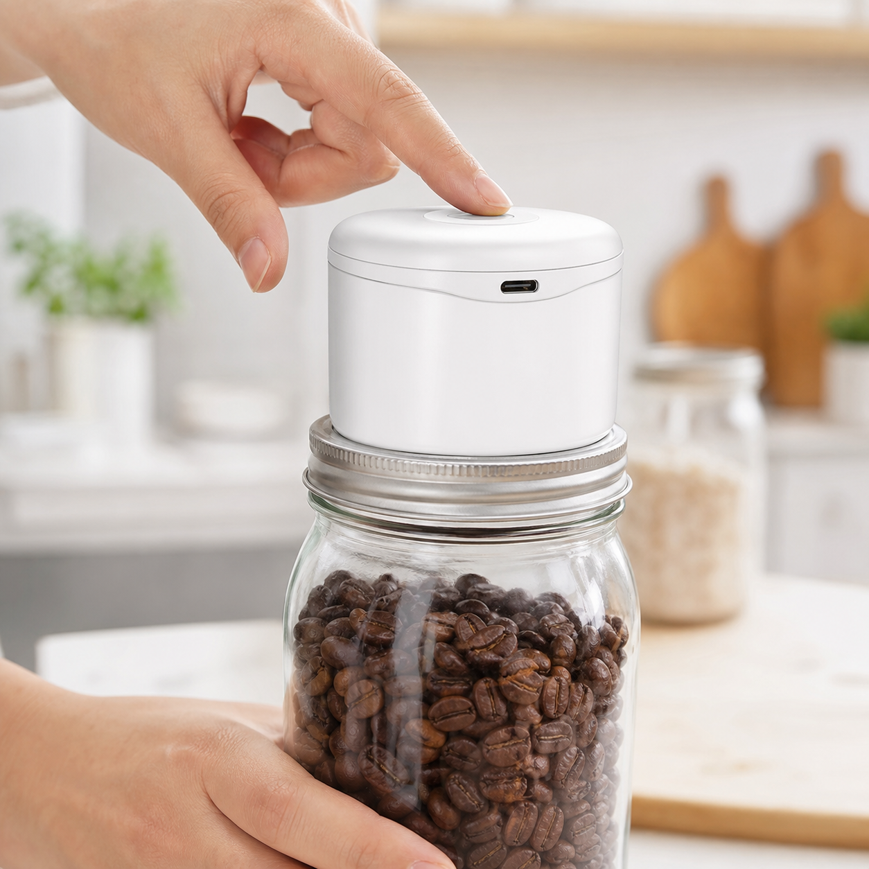 One press sealing a mason jar with Mason Genie