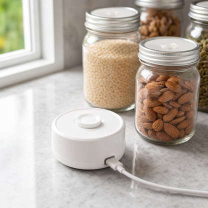 Rechargeable Mason Genie vacuum sealer charging near mason jars